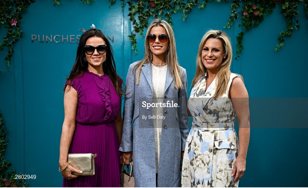 1 May 2024; Racegoers, from left, Elaine Stenson, Rosalind Lipsett, and Sarah Lipsett, from Dublin, ahead of racing on day two of the Punchestown Festival at Punchestown Racecourse in Kildare. Photo by Seb Daly/Sportsfile