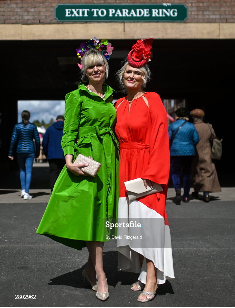 1 May 2024; Racegoers Andrea Connelly, left, and Lorna Toumey from Kildare during day two of the Punchestown Festival at Punchestown Racecourse in Kildare. Photo by David Fitzgerald/Sportsfile