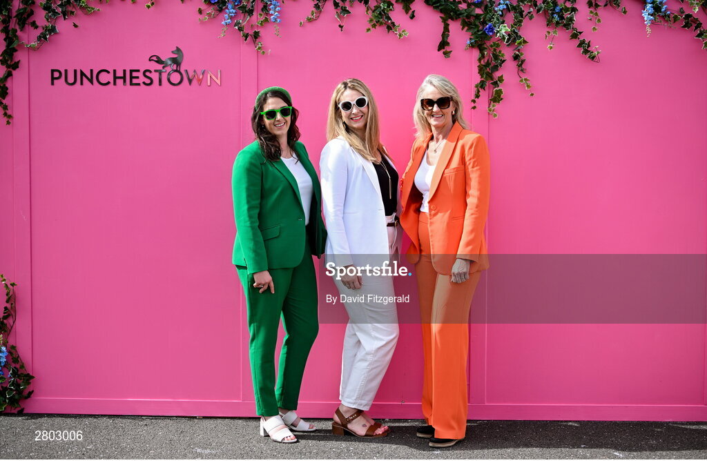 1 May 2024; Racegoers, from left, Kim McGrattan, Leanne Knight and Jackie Haddy during day two of the Punchestown Festival at Punchestown Racecourse in Kildare. Photo by David Fitzgerald/Sportsfile