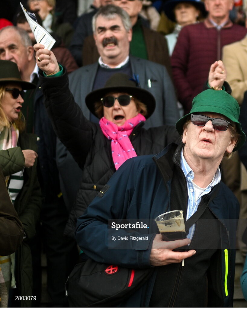 1 May 2024; Racegoers react during the Louis Fitzgerald Hotel Hurdle during day two of the Punchestown Festival at Punchestown Racecourse in Kildare. Photo by David Fitzgerald/Sportsfile