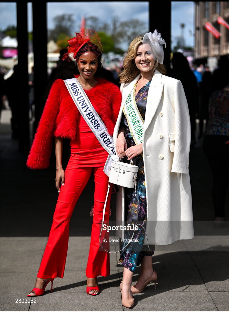 1 May 2024; Racegoers Aishah Akorede, left, and Hannah Kathleen Hawkshaw during day two of the Punchestown Festival at Punchestown Racecourse in Kildare. Photo by David Fitzgerald/Sportsfile