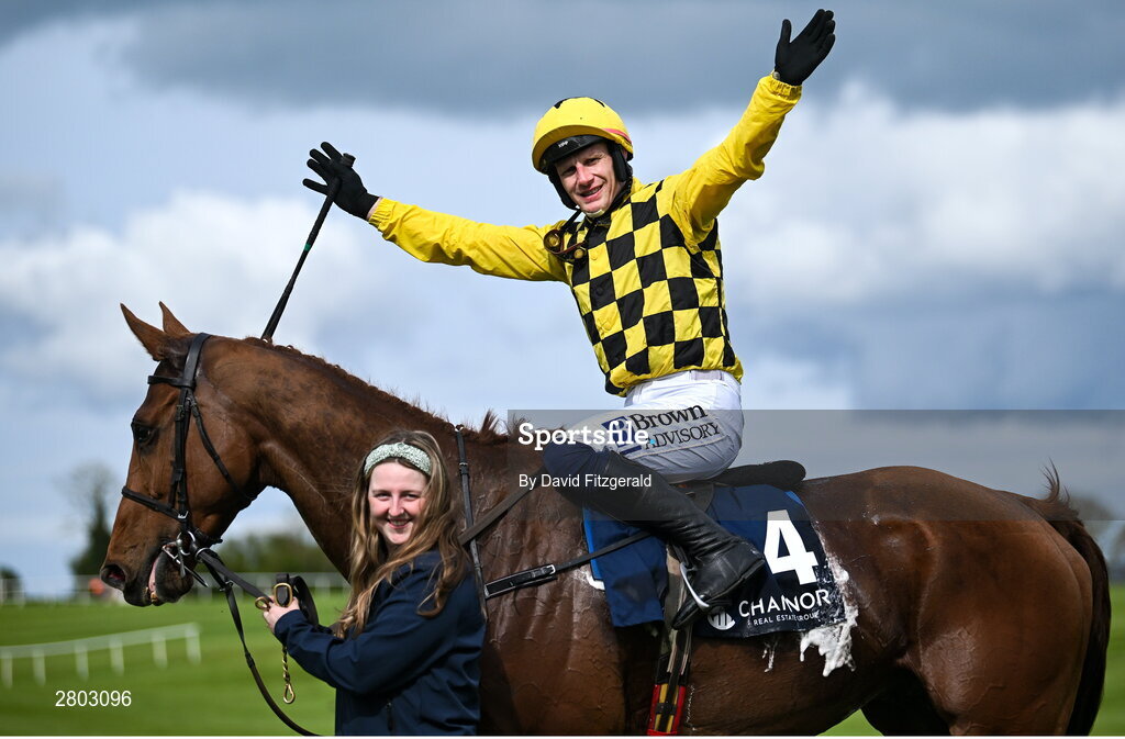 1 May 2024; Paul Townend celebrates on Dancing City with groom Brid O'Keeffe after winning the Channor Real Estate Group Novice Hurdle during day two of the Punchestown Festival at Punchestown Racecourse in Kildare. Photo by David Fitzgerald/Sportsfile