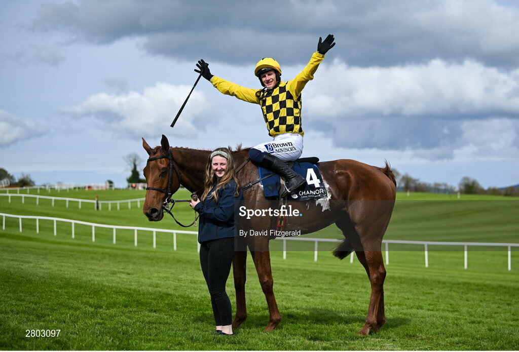 1 May 2024; Paul Townend celebrates on Dancing City with groom Brid O'Keeffe after winning the Channor Real Estate Group Novice Hurdle during day two of the Punchestown Festival at Punchestown Racecourse in Kildare. Photo by David Fitzgerald/Sportsfile