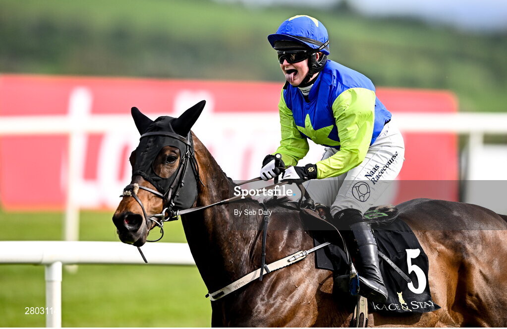 1 May 2024; Jockey Jodie Townend celebrates on Redemption Day after winning the Race and Stay At Punchestown Champion INH Flat Race during day two of the Punchestown Festival at Punchestown Racecourse in Kildare. Photo by Seb Daly/Sportsfile