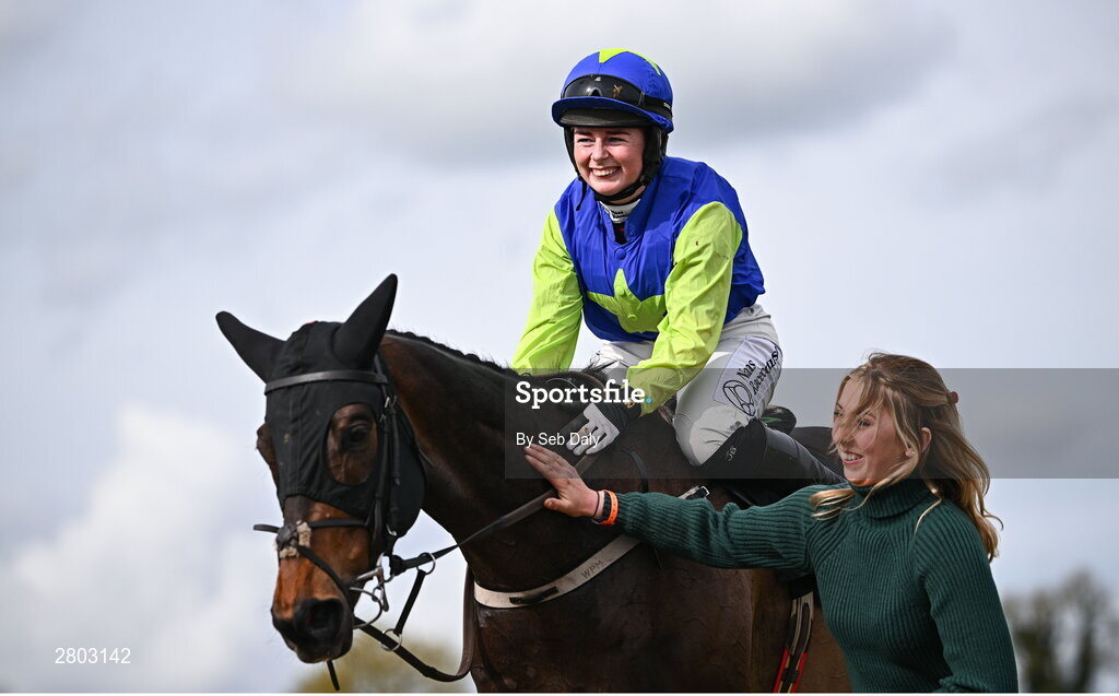 1 May 2024; Jockey Jodie Townend celebrates on Redemption Day after winning the Race and Stay At Punchestown Champion INH Flat Race during day two of the Punchestown Festival at Punchestown Racecourse in Kildare. Photo by Seb Daly/Sportsfile