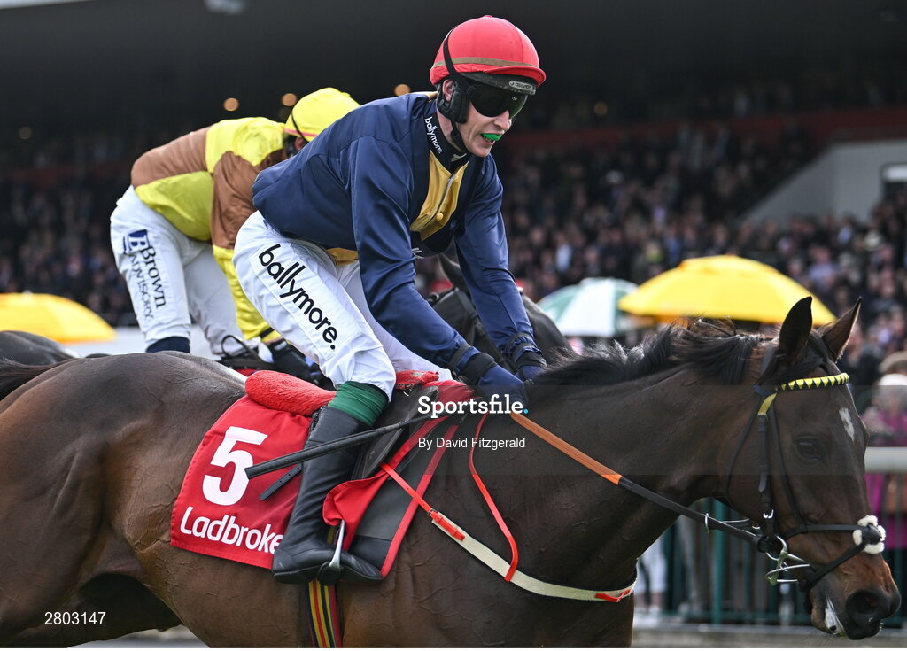 1 May 2024; Fastorslow, with JJ Slevin up, crosses the line ahead of Galopin Des Champs, with Paul Townend up, to win the Ladbrokes Punchestown Gold Cup during day two of the Punchestown Festival at Punchestown Racecourse in Kildare. Photo by David Fitzgerald/Sportsfile