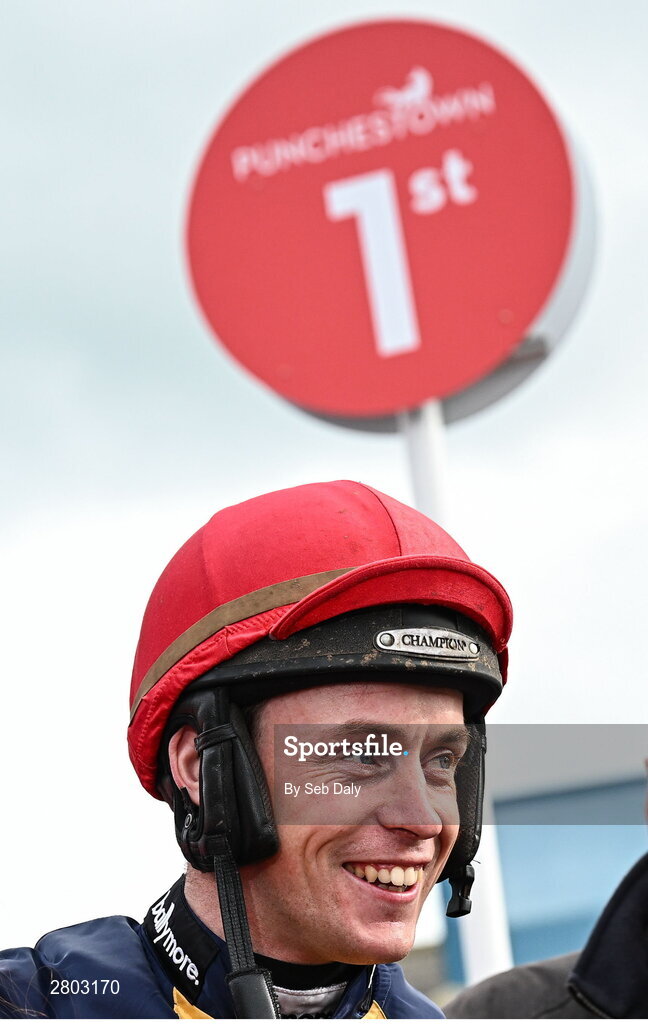1 May 2024; Jockey JJ Slevin after riding Fastorslow to victory in the Ladbrokes Punchestown Gold Cup during day two of the Punchestown Festival at Punchestown Racecourse in Kildare. Photo by Seb Daly/Sportsfile