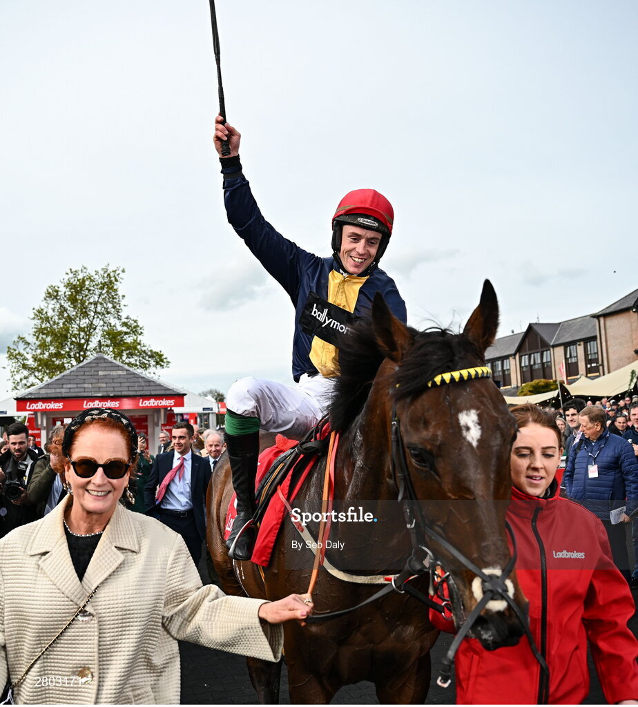 1 May 2024; Jockey JJ Slevin celebrates on Fastorslow after winning the Ladbrokes Punchestown Gold Cup during day two of the Punchestown Festival at Punchestown Racecourse in Kildare. Photo by Seb Daly/Sportsfile