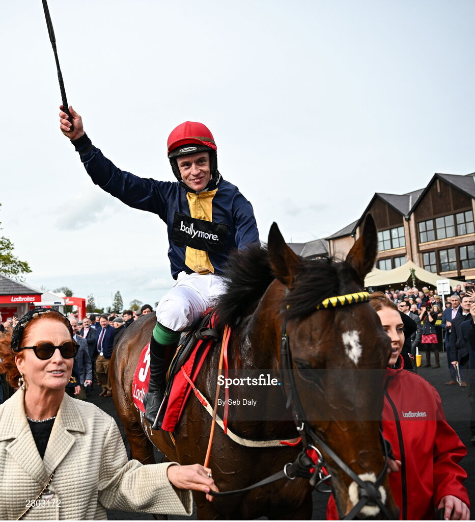 1 May 2024; Jockey JJ Slevin celebrates on Fastorslow after winning the Ladbrokes Punchestown Gold Cup during day two of the Punchestown Festival at Punchestown Racecourse in Kildare. Photo by Seb Daly/Sportsfile