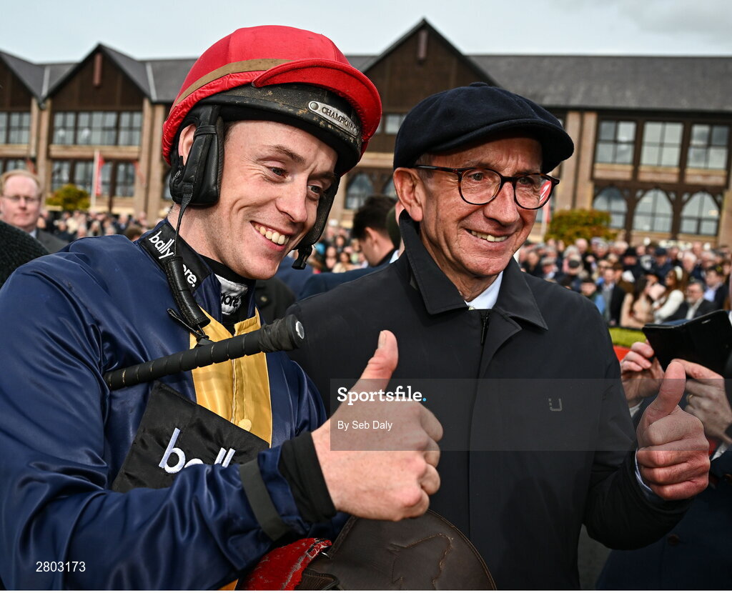 1 May 2024; Jockey JJ Slevin and trainer Martin Brassil after sending out Fastorslow to win the Ladbrokes Punchestown Gold Cup during day two of the Punchestown Festival at Punchestown Racecourse in Kildare. Photo by Seb Daly/Sportsfile