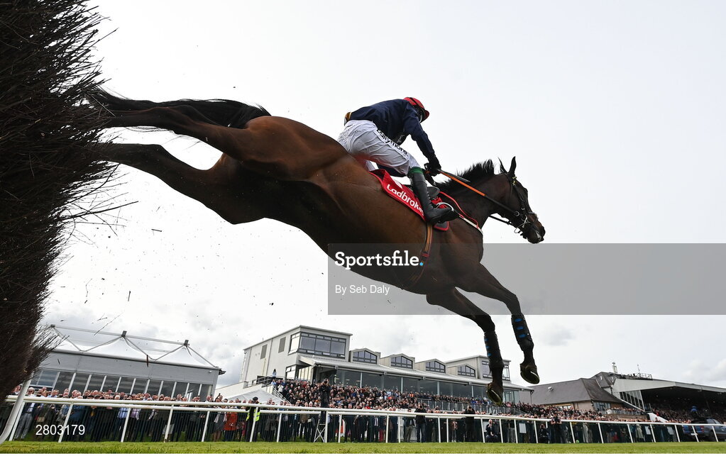 1 May 2024; Fastorslow, with JJ Slevin up, jumps the last on their way to winning the Ladbrokes Punchestown Gold Cup during day two of the Punchestown Festival at Punchestown Racecourse in Kildare. Photo by Seb Daly/Sportsfile