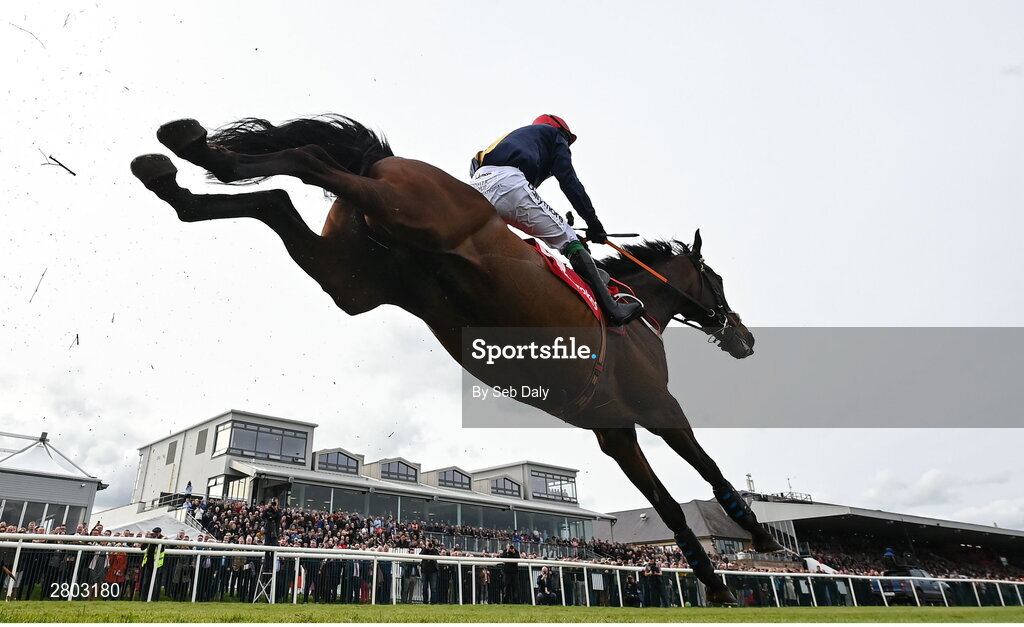1 May 2024; Fastorslow, with JJ Slevin up, jumps the last on their way to winning the Ladbrokes Punchestown Gold Cup during day two of the Punchestown Festival at Punchestown Racecourse in Kildare. Photo by Seb Daly/Sportsfile