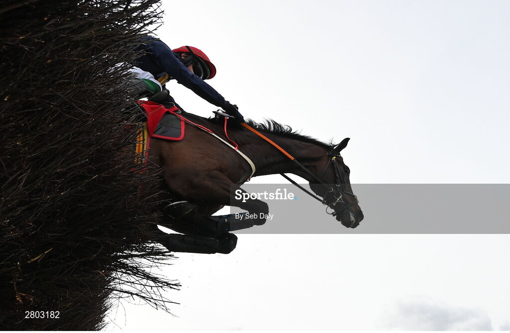 1 May 2024; Fastorslow, with JJ Slevin up, jumps the last on their way to winning the Ladbrokes Punchestown Gold Cup during day two of the Punchestown Festival at Punchestown Racecourse in Kildare. Photo by Seb Daly/Sportsfile