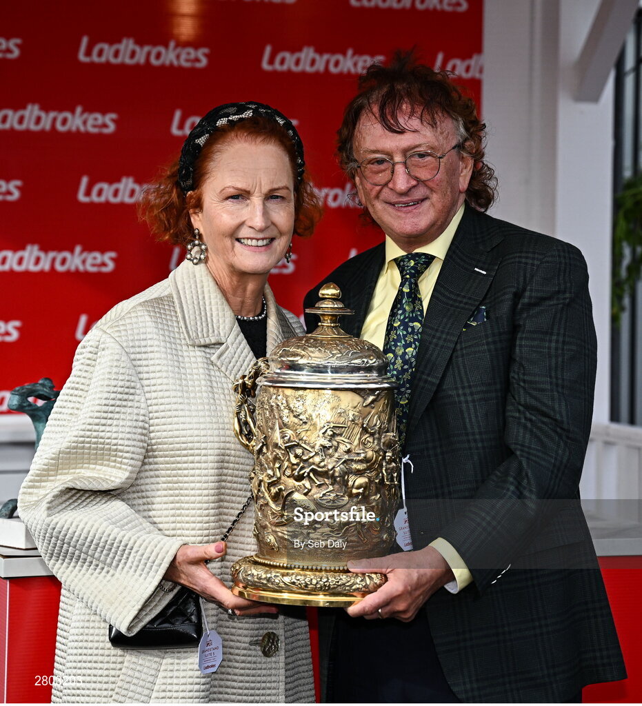 1 May 2024; Owner Sean Mulryan and his wife Bernadine after sending out Fastorslow to win the Ladbrokes Punchestown Gold Cup during day two of the Punchestown Festival at Punchestown Racecourse in Kildare. Photo by Seb Daly/Sportsfile