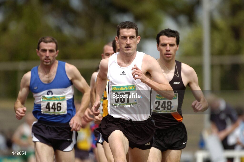 25 July 2004; Gareth Turnbull (367), St Malachy's AC, leads the field from Charlie Gallagher (446), Finn Valley AC, and Mark Kenneally (248), Clonliffe Harriers AC, in the Men's 5000m Final. AAI Senior Track and Field Championships, Morton Stadium, Santry, Dublin. Picture credit; Brendan Moran / SPORTSFILE