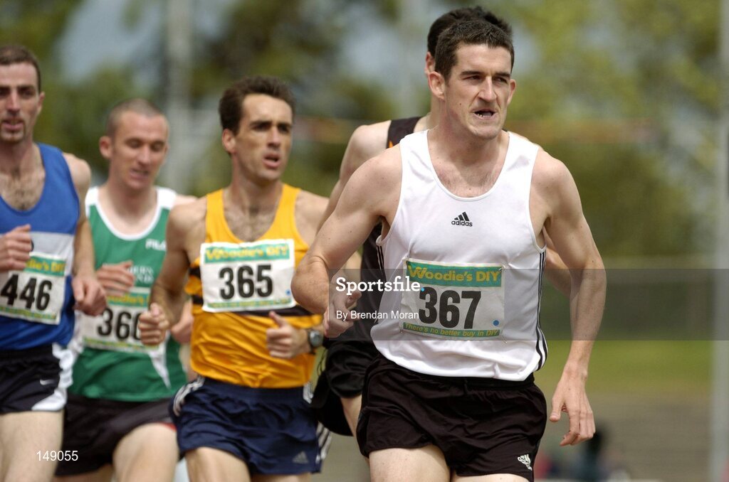 25 July 2004; Gareth Turnbull (367), St Malachy's AC, leads the field from Charlie Gallagher (446), Finn Valley AC, and eventual winner Mark Carroll (365), Leevale AC, in the Men's 5000m Final. AAI Senior Track and Field Championships, Morton Stadium, Santry, Dublin. Picture credit; Brendan Moran / SPORTSFILE