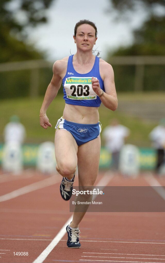 25 July 2004; Ciara Sheehy, Dublin City Harriers AC, on her way to winning the Women's 100m Final. AAI Senior Track and Field Championships, Morton Stadium, Santry, Dublin. Picture credit; Brendan Moran / SPORTSFILE