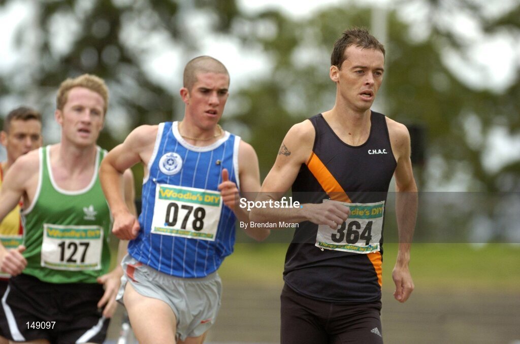 25 July 2004; Alastair Cragg (364), Clonliffe Harriers AC, leads Colin Costello (078), Star of the Sean AC and Brian Murray (127), Templemore AC in the Men's 1500m Final. AAI Senior Track and Field Championships, Morton Stadium, Santry, Dublin. Picture credit; Brendan Moran / SPORTSFILE
