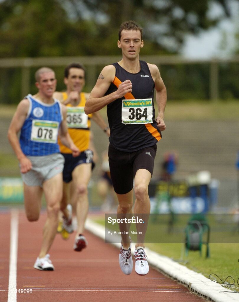 25 July 2004; Alastair Cragg (364), Clonliffe Harriers AC, comes home to win the Men's 1500m Final ahead of second placed Colin Costello (078), Star of the Sean AC and third placed Mark Carroll (365), Leevale AC. AAI Senior Track and Field Championships, Morton Stadium, Santry, Dublin. Picture credit; Brendan Moran / SPORTSFILE