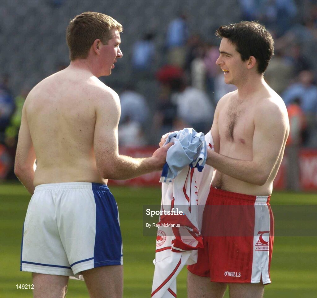 1 August 2004; Paul McDonald, Laois, and Mark Harte, Tyrone, exchange jerseys after the game. Bank of Ireland All-Ireland Football Championship, Round 4, Laois v Tyrone, Croke Park, Dublin. Picture credit; Ray McManus / SPORTSFILE