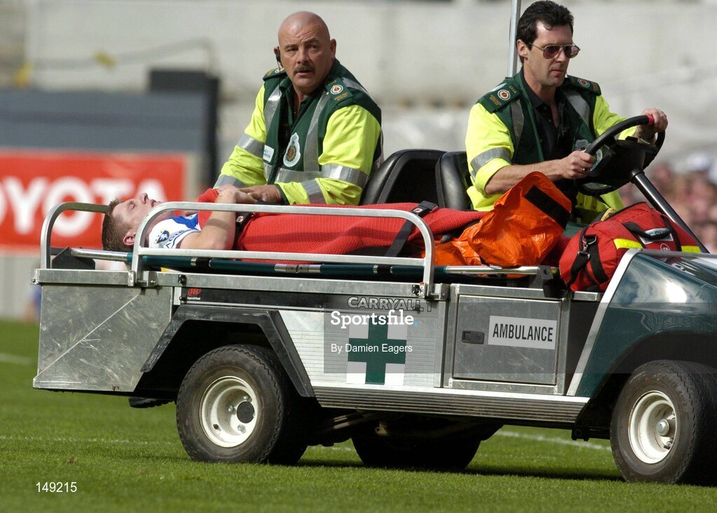 1 August 2004; Laois player Brian McDonald is stretchered off the pitch. McDonald is suspected to have a broken right leg. Bank of Ireland All-Ireland Football Championship, Round 4, Laois v Tyrone, Croke Park, Dublin. Picture credit; Damien Eagers / SPORTSFILE
