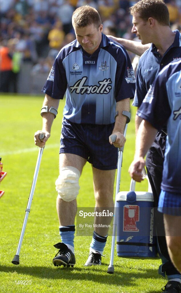 1 August 2004; Dessie Farrell, Dublin, on crutches after the game. Bank of Ireland All-Ireland Football Championship, Round 4, Dublin v Roscommon, Croke Park, Dublin. Picture credit; Ray McManus / SPORTSFILE