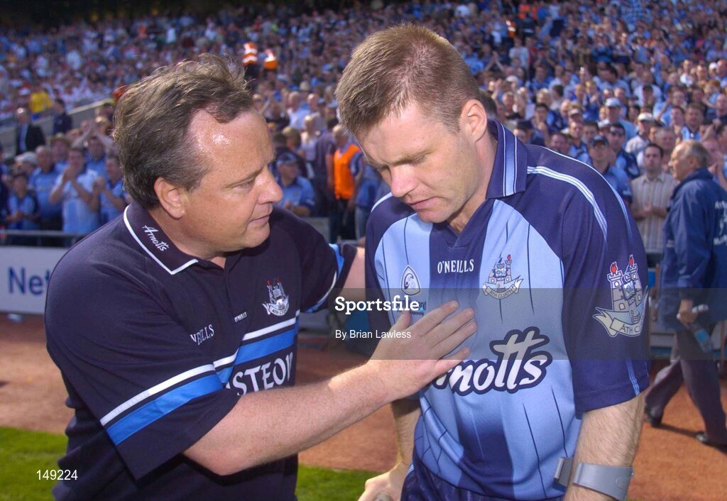 1 August 2004; Dublin manager Tommy Lyons talks to Dessie Farrell after the match. Bank of Ireland All-Ireland Football Championship, Round 4, Dublin v Roscommon, Croke Park, Dublin. Picture credit; Brian Lawless / SPORTSFILE