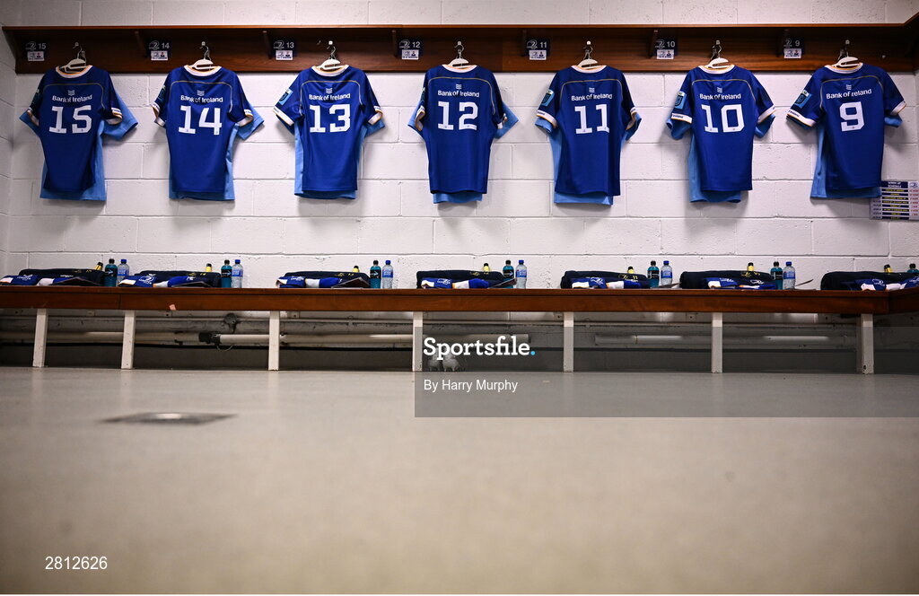 11 May 2024; The jerseys of the Leinster backs are seen in the dressing room before the United Rugby Championship match between Leinster and Ospreys at the RDS Arena in Dublin. Photo by Harry Murphy/Sportsfile