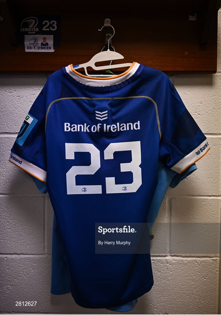11 May 2024; The jersey of Leinster player Tommy O'Brien is seen in the dressing room before the United Rugby Championship match between Leinster and Ospreys at the RDS Arena in Dublin. Photo by Harry Murphy/Sportsfile