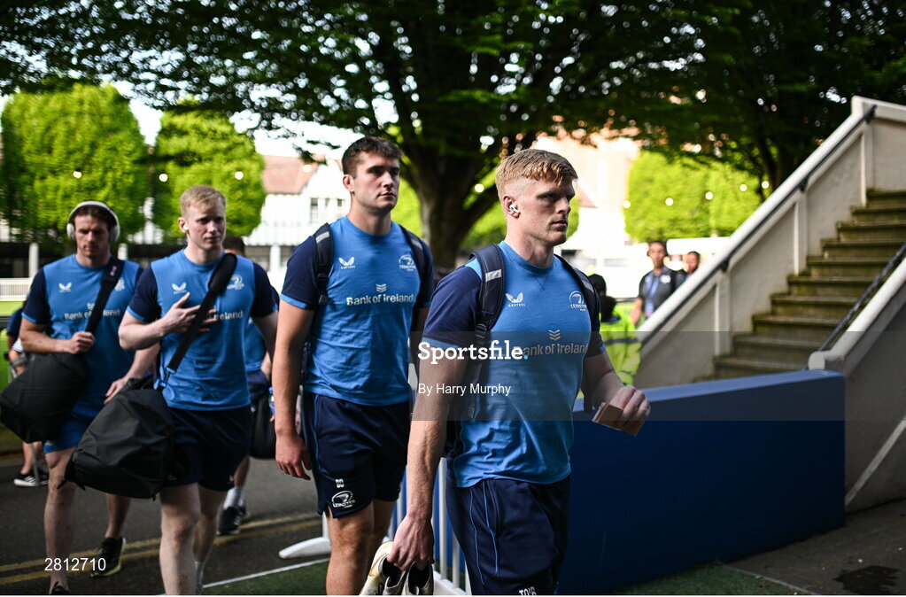 11 May 2024; Tommy O'Brien of Leinster, right, arrives before the United Rugby Championship match between Leinster and Ospreys at the RDS Arena in Dublin. Photo by Harry Murphy/Sportsfile