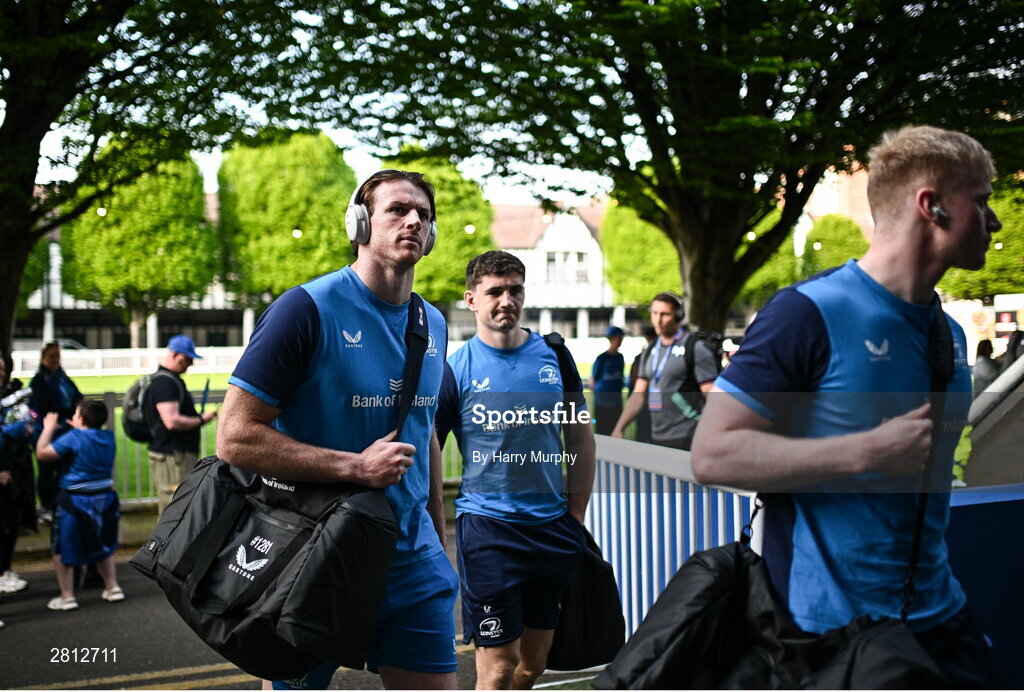 11 May 2024; Ryan Baird of Leinster, left, arrives before the United Rugby Championship match between Leinster and Ospreys at the RDS Arena in Dublin. Photo by Harry Murphy/Sportsfile