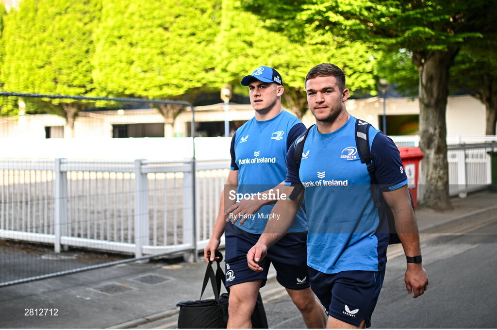 11 May 2024; Scott Penny and Dan Sheehan of Leinster arrive before the United Rugby Championship match between Leinster and Ospreys at the RDS Arena in Dublin. Photo by Harry Murphy/Sportsfile
