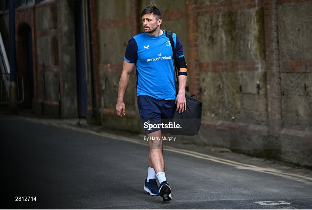 11 May 2024; Ross Byrne of Leinster arrives before the United Rugby Championship match between Leinster and Ospreys at the RDS Arena in Dublin. Photo by Harry Murphy/Sportsfile