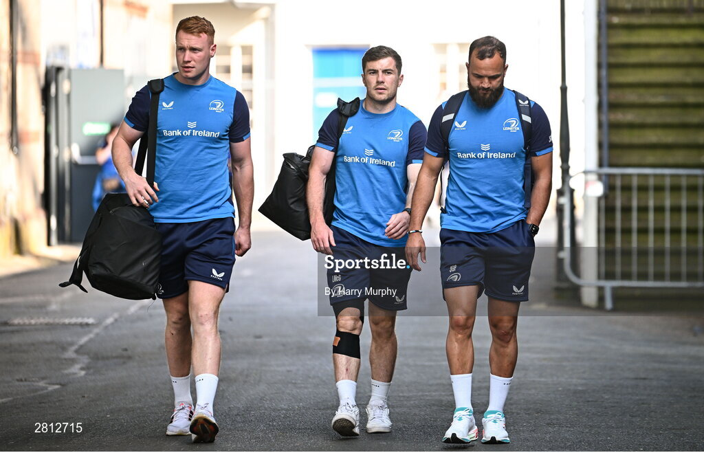 11 May 2024; Leinster players, from left, Ciarán Frawley, Luke McGrath and Jamison Gibson-Park arrive before the United Rugby Championship match between Leinster and Ospreys at the RDS Arena in Dublin. Photo by Harry Murphy/Sportsfile