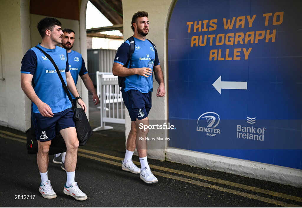 11 May 2024; Jimmy O'Brien, Rónan Kelleher and Caelan Doris of Leinster arrive before the United Rugby Championship match between Leinster and Ospreys at the RDS Arena in Dublin. Photo by Harry Murphy/Sportsfile