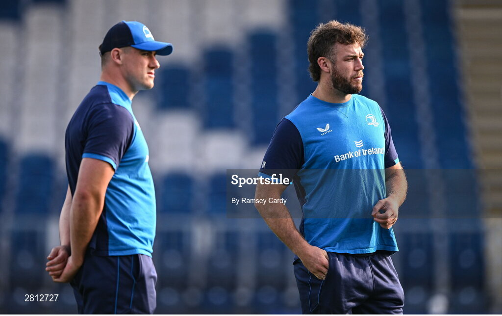 11 May 2024; Caelan Doris, right, and Dan Sheehan of Leinster before the United Rugby Championship match between Leinster and Ospreys at the RDS Arena in Dublin. Photo by Ramsey Cardy/Sportsfile