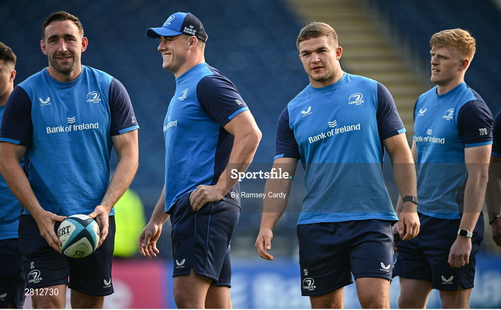 11 May 2024; Leinster players, from left, Jack Conan, Dan Sheehan, Scott Penny and Tommy O'Brien before the United Rugby Championship match between Leinster and Ospreys at the RDS Arena in Dublin. Photo by Ramsey Cardy/Sportsfile