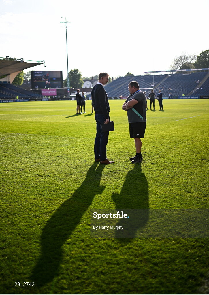 11 May 2024; Leinster head coach Leo Cullen speaks with Ospreys head coach Toby Booth before the United Rugby Championship match between Leinster and Ospreys at the RDS Arena in Dublin. Photo by Harry Murphy/Sportsfile