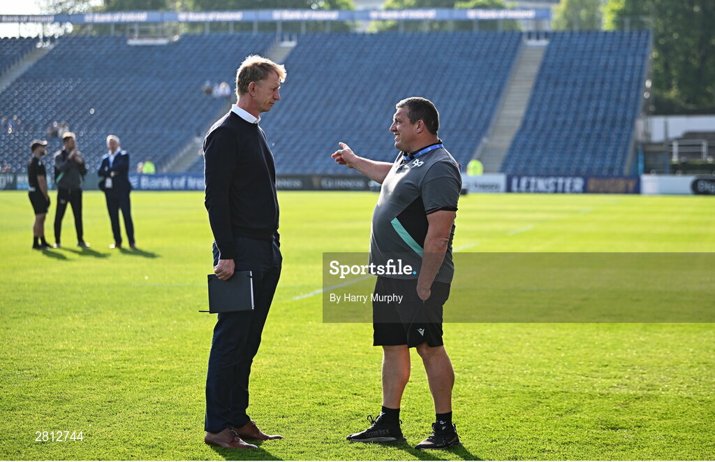 11 May 2024; Leinster head coach Leo Cullen speaks with Ospreys head coach Toby Booth before the United Rugby Championship match between Leinster and Ospreys at the RDS Arena in Dublin. Photo by Harry Murphy/Sportsfile