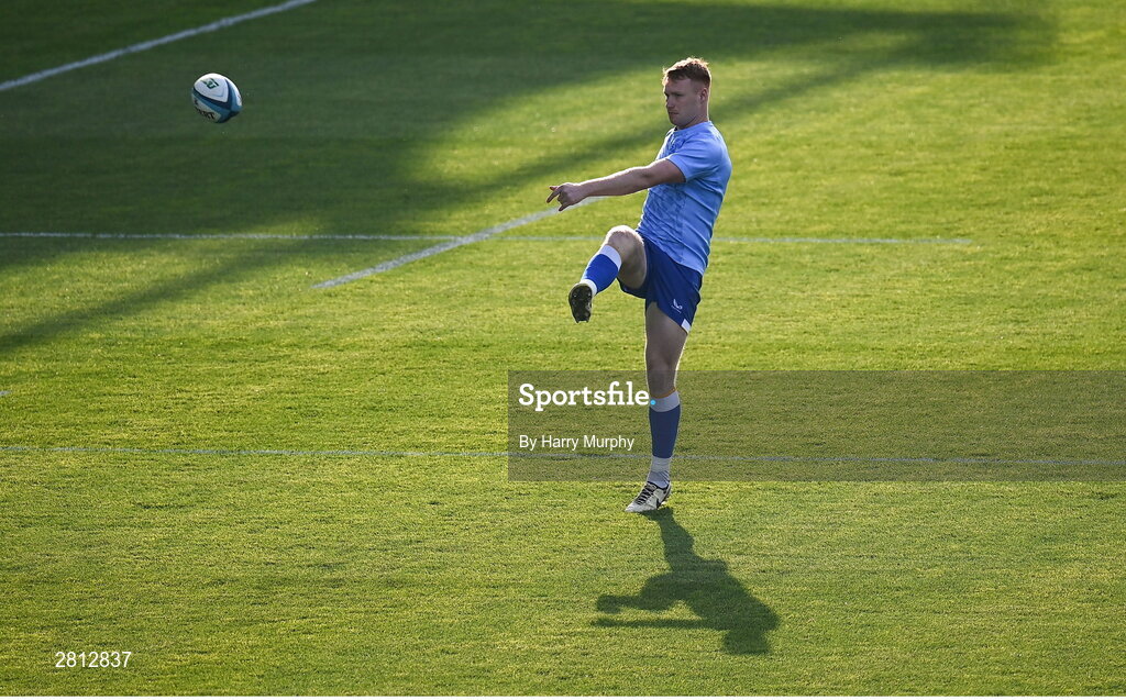 11 May 2024; Ciarán Frawley of Leinster warms up before the United Rugby Championship match between Leinster and Ospreys at the RDS Arena in Dublin. Photo by Harry Murphy/Sportsfile