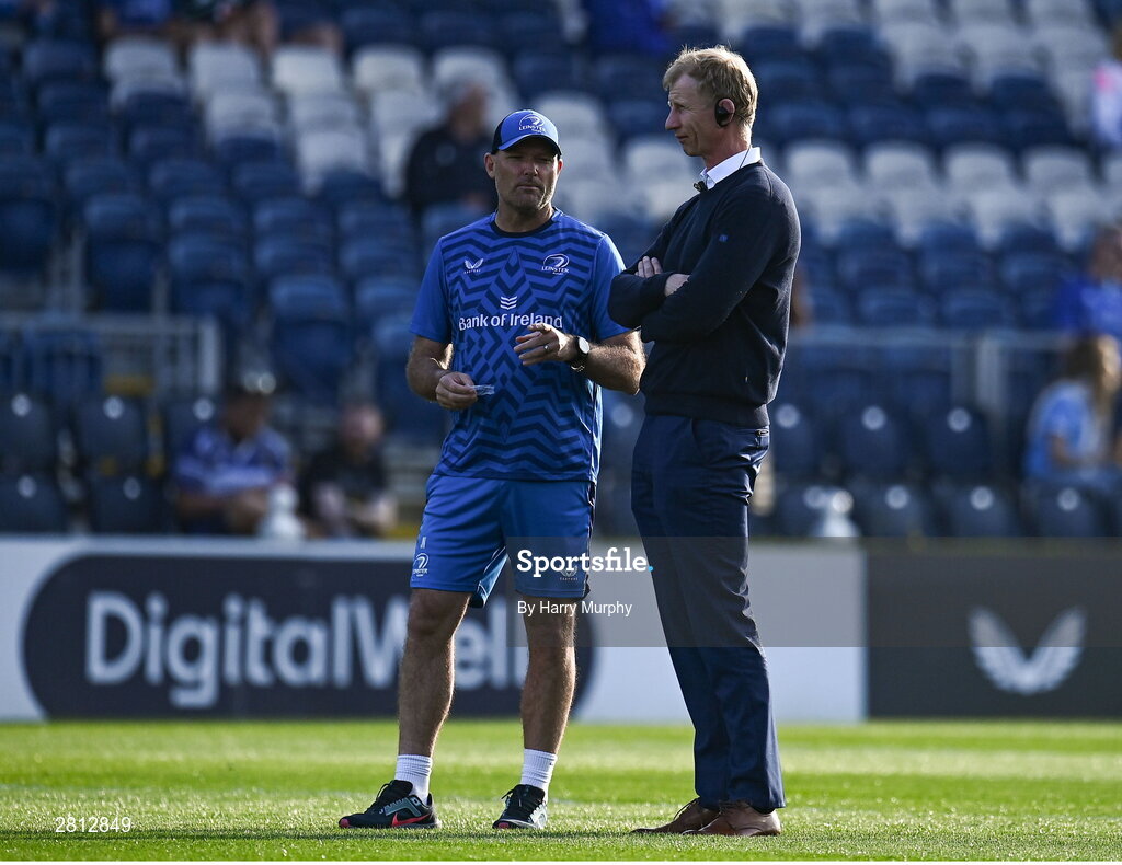 11 May 2024; Leinster senior coach Jacques Nienaber and Leinster head coach Leo Cullen before the United Rugby Championship match between Leinster and Ospreys at the RDS Arena in Dublin. Photo by Harry Murphy/Sportsfile