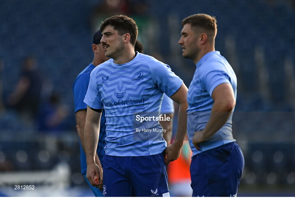 11 May 2024; Jimmy O'Brien and Jordan Larmour of Leinster before the United Rugby Championship match between Leinster and Ospreys at the RDS Arena in Dublin. Photo by Harry Murphy/Sportsfile