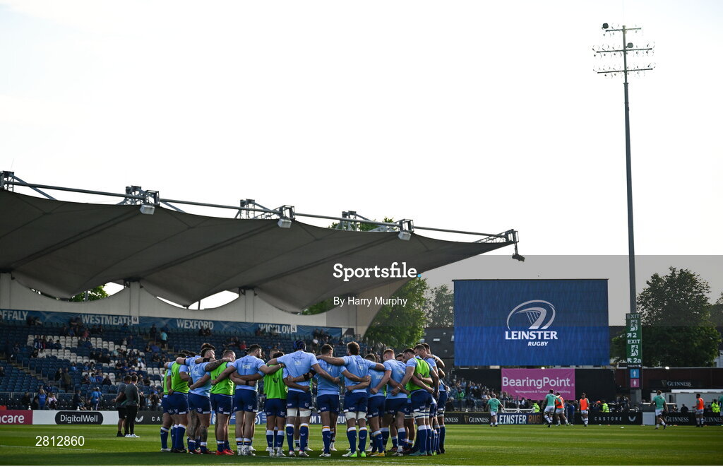 11 May 2024; Leinster players huddle before the United Rugby Championship match between Leinster and Ospreys at the RDS Arena in Dublin. Photo by Harry Murphy/Sportsfile