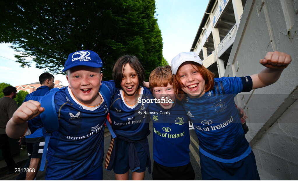 11 May 2024; Leinster supporters, from left, Rowan Mullen, Rufus O'Loughlin, Larry Pratt and Daniel O'Loughlin before the United Rugby Championship match between Leinster and Ospreys at the RDS Arena in Dublin. Photo by Ramsey Cardy/Sportsfile