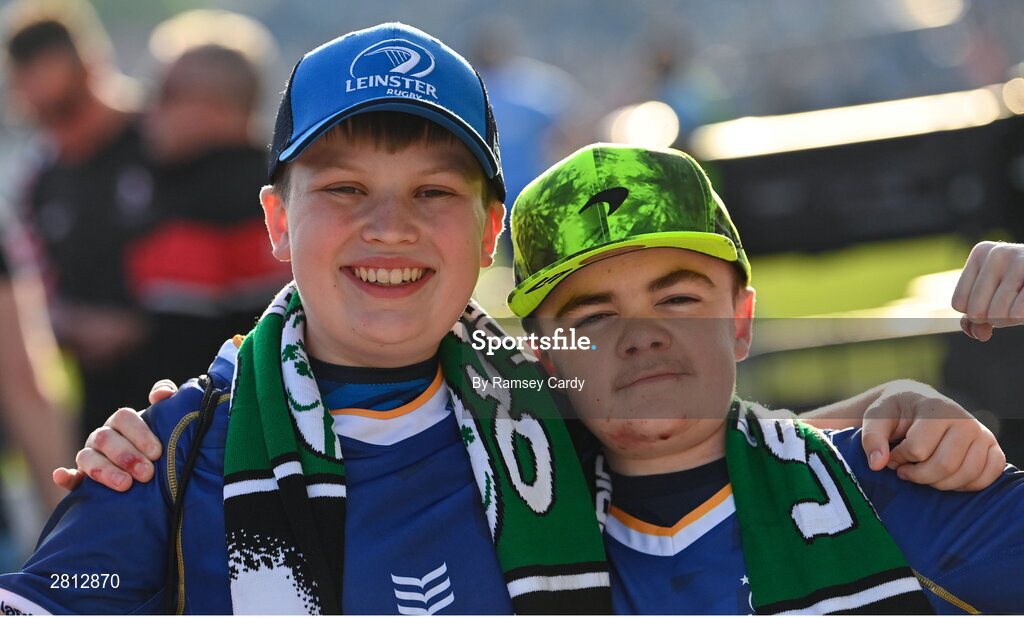 11 May 2024; Leinster supporters Sean Smith, left, and Oliver Maher before the United Rugby Championship match between Leinster and Ospreys at the RDS Arena in Dublin. Photo by Ramsey Cardy/Sportsfile