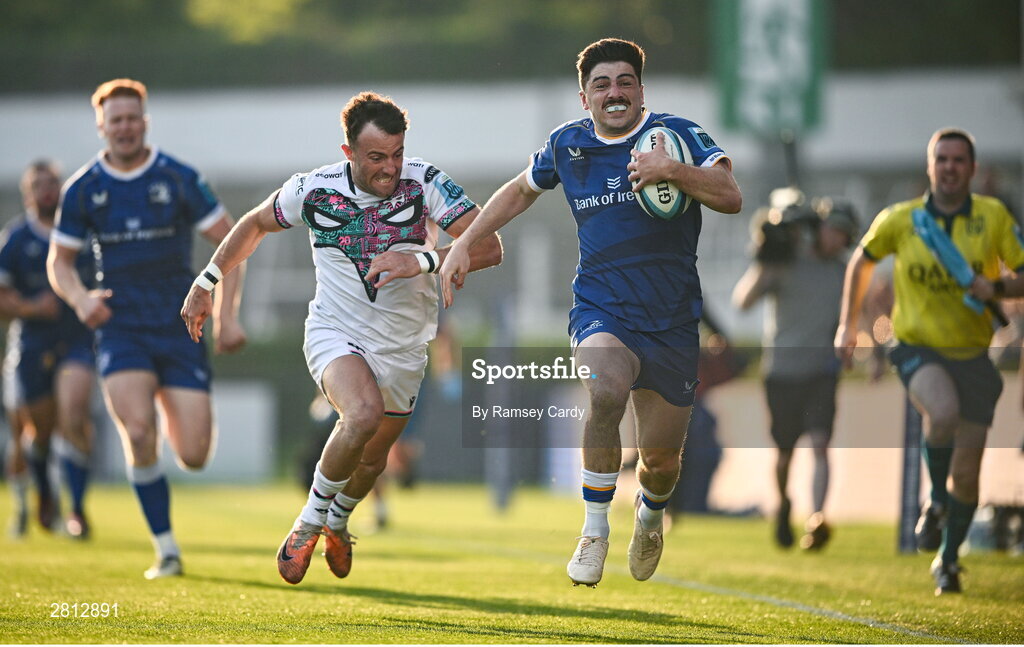 11 May 2024; Jimmy O'Brien of Leinster on his way to scoring his side's first try during the United Rugby Championship match between Leinster and Ospreys at the RDS Arena in Dublin. Photo by Ramsey Cardy/Sportsfile
