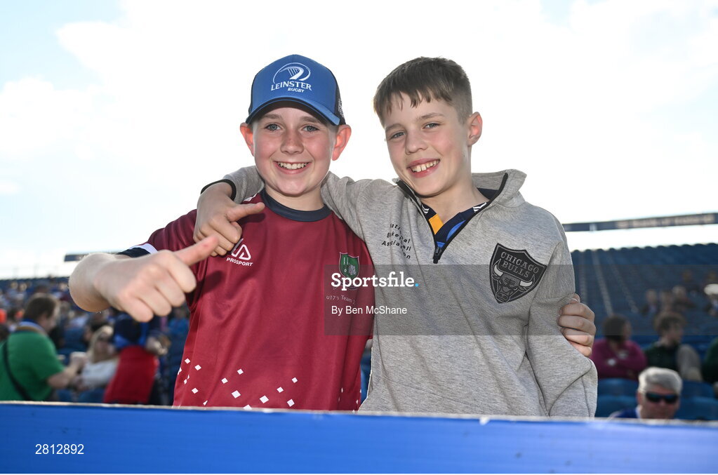 11 May 2024; Leinster supporters Tadhg O'Connor, age 11, left, and Sam Petriw, age 11, from Portarlington, Laois, before the United Rugby Championship match between Leinster and Ospreys at the RDS Arena in Dublin. Photo by Ben McShane/Sportsfile