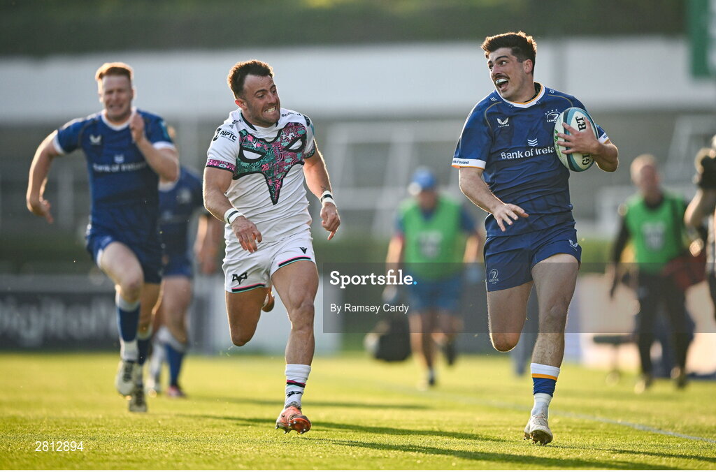 11 May 2024; Jimmy O'Brien of Leinster on his way to scoring his side's first try during the United Rugby Championship match between Leinster and Ospreys at the RDS Arena in Dublin. Photo by Ramsey Cardy/Sportsfile