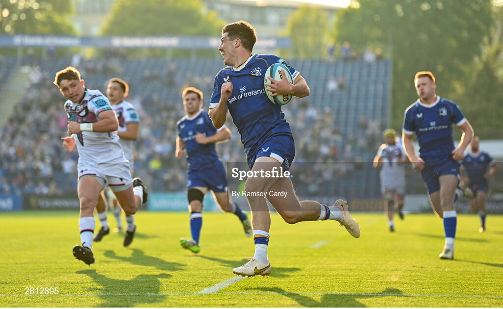 11 May 2024; Jimmy O'Brien of Leinster on his way to scoring his side's first try during the United Rugby Championship match between Leinster and Ospreys at the RDS Arena in Dublin. Photo by Ramsey Cardy/Sportsfile