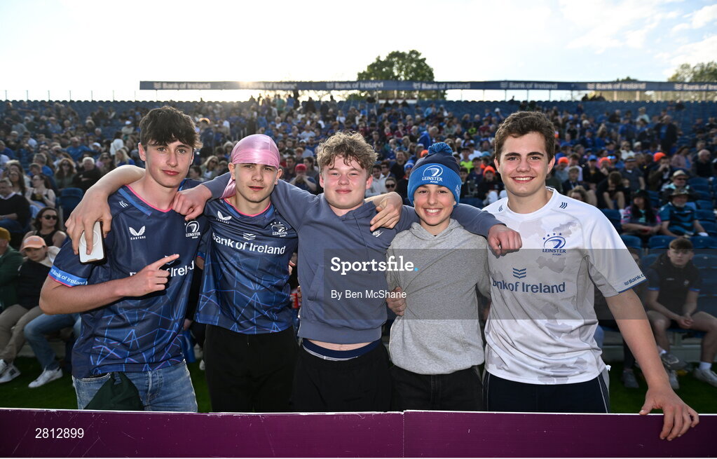 11 May 2024; Leinster supporters, from left, Nick Penalva, Max Lisovoy, Edward Roberts, Sam Innes and Guy Gilbey, all from Kent, England, before the United Rugby Championship match between Leinster and Ospreys at the RDS Arena in Dublin. Photo by Ben McShane/Sportsfile